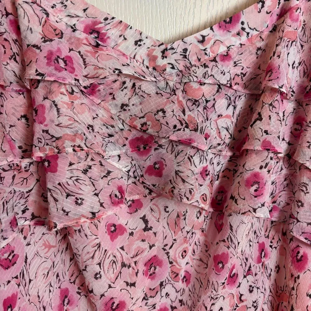 Vintage Y2K Ann Taylor Pink Floral Silk Fairy Dress 10 Petite Feminine Ruffled